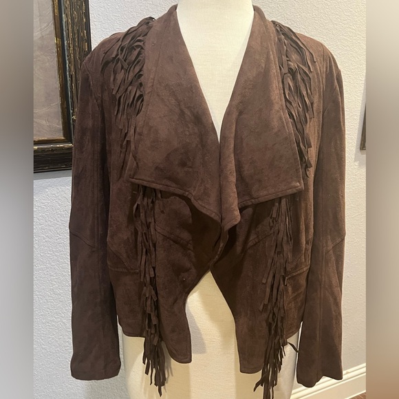 #1905. Orange Fashion Village Brown Faux Suede Fringed Jacket. Size L - Picture 1 of 11